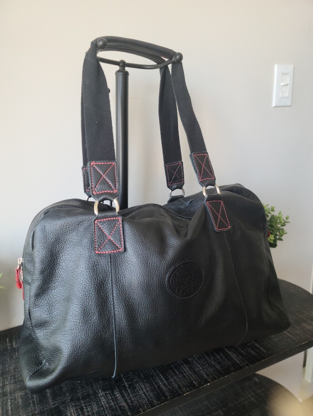 Roots Black Leather Large Weekender Duffle Bag